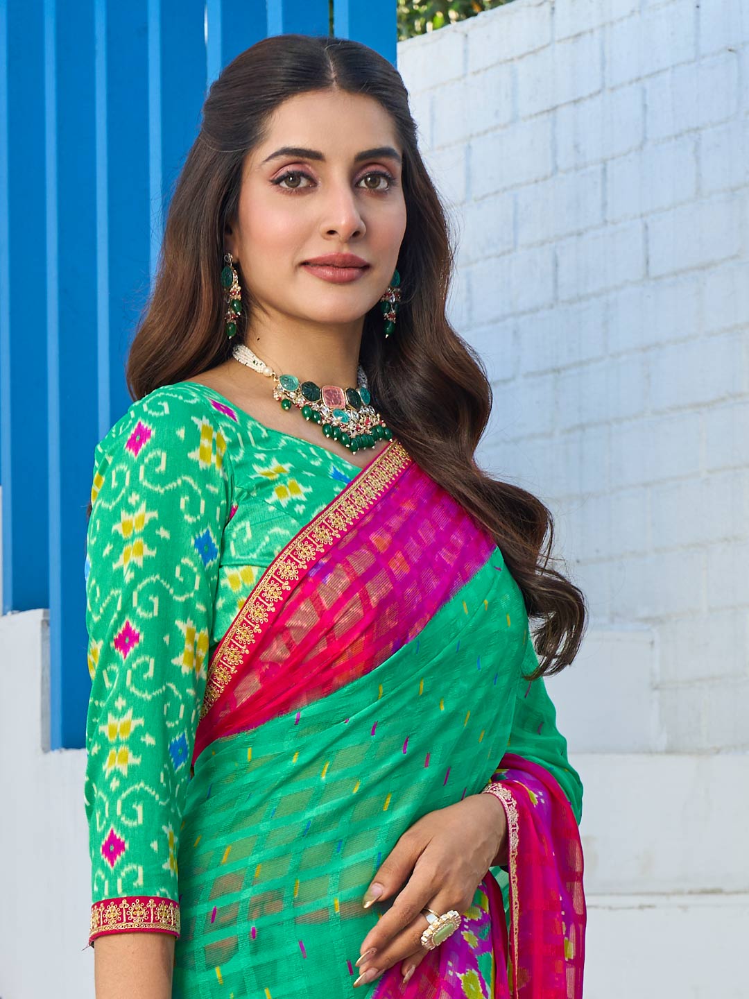 Laxmipati Rang Birangi Green Chiffon Geometric Printed Saree