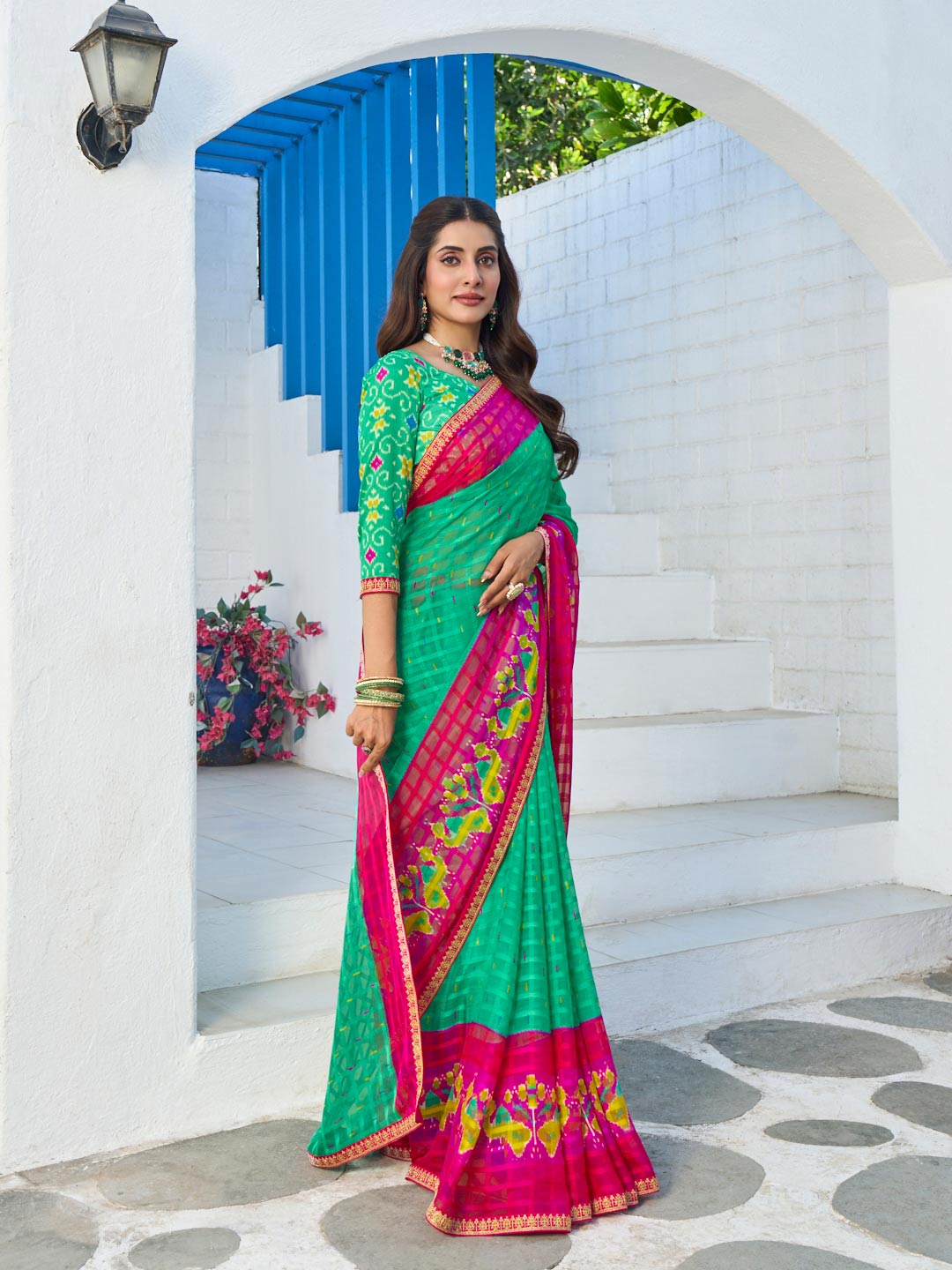 Laxmipati Rang Birangi Green Chiffon Geometric Printed Saree