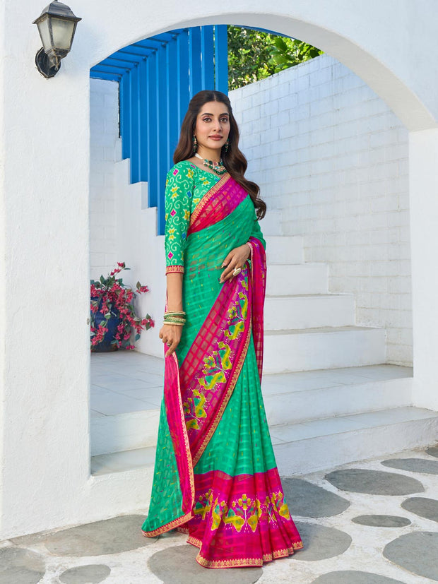 Pink chiffon floral printed saree
