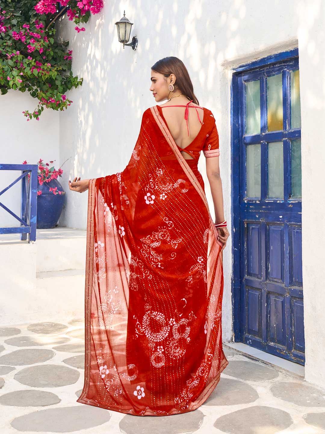 Laxmipati Rang Birangi Red Chiffon Floral Printed Saree