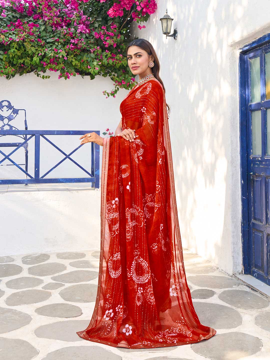 Laxmipati Rang Birangi Red Chiffon Floral Printed Saree