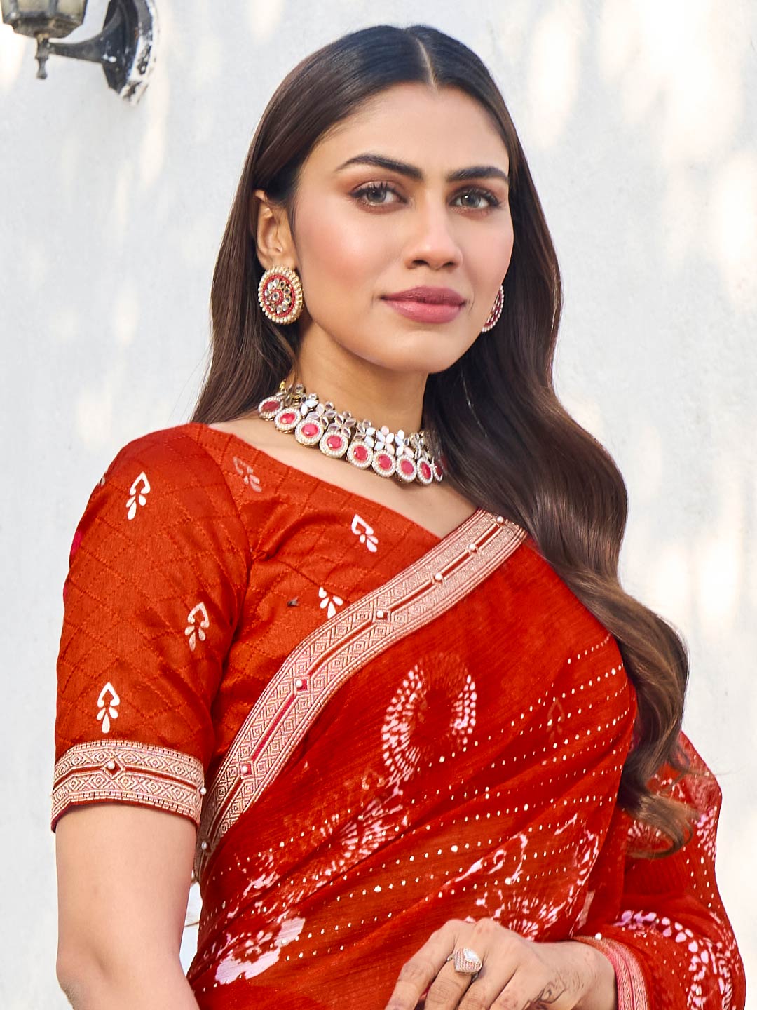 Laxmipati Rang Birangi Red Chiffon Floral Printed Saree