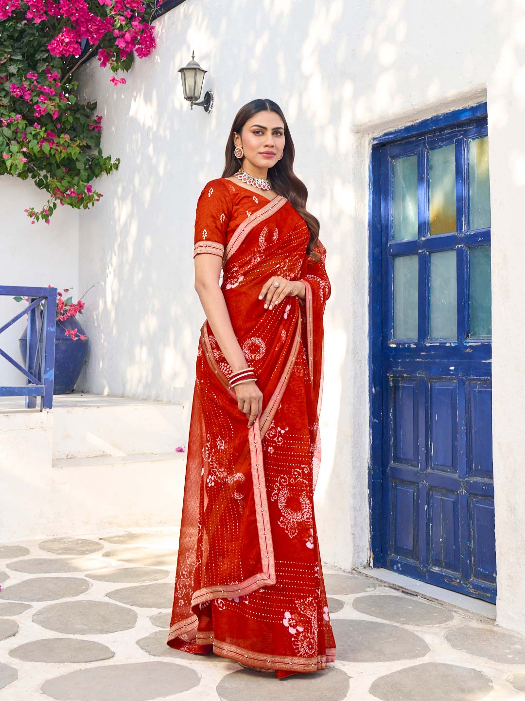 Laxmipati Rang Birangi Red Chiffon Floral Printed Saree