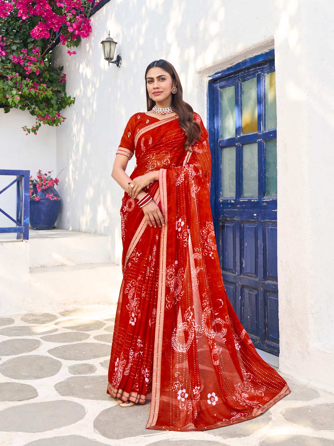 Red chiffon floral printed saree