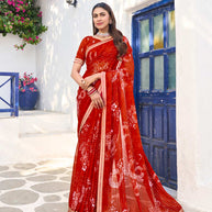 Red chiffon floral printed saree