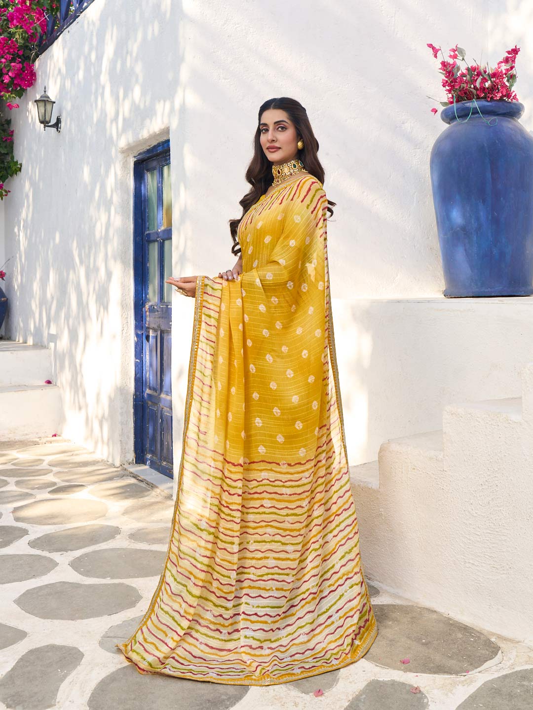 Laxmipati Rang Birangi Yellow Chiffon Geometric Printed Saree