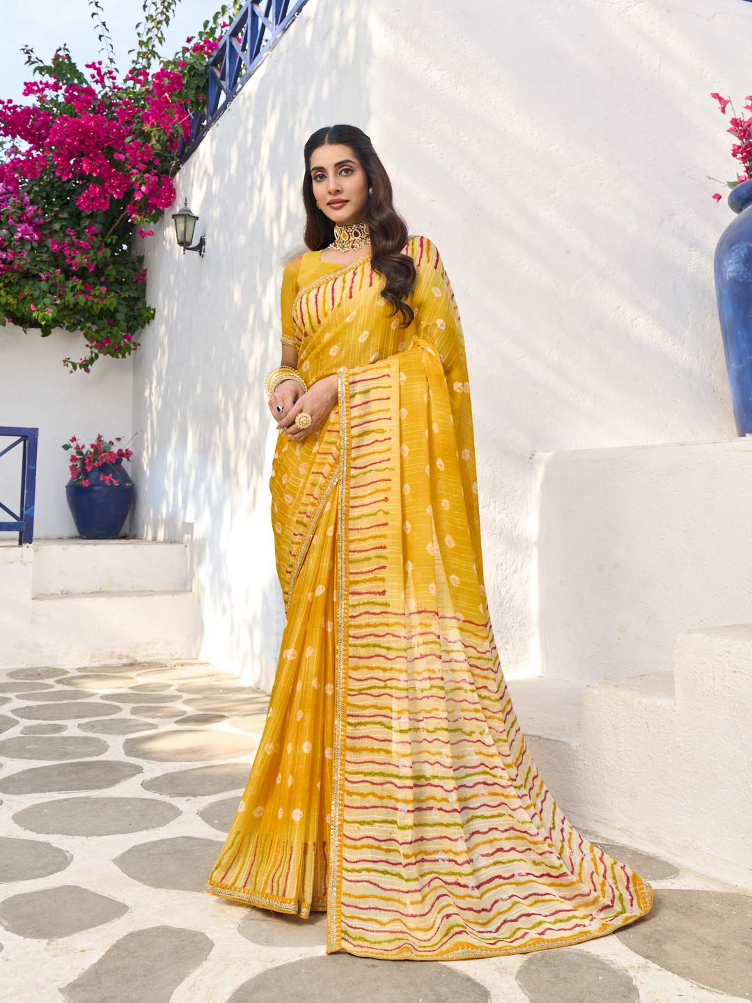 Laxmipati Rang Birangi Yellow Chiffon Geometric Printed Saree
