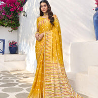 Yellow chiffon geometric printed saree