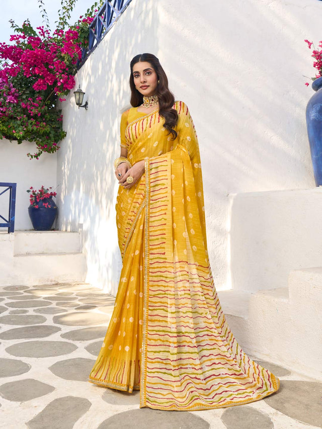 Yellow chiffon geometric printed saree