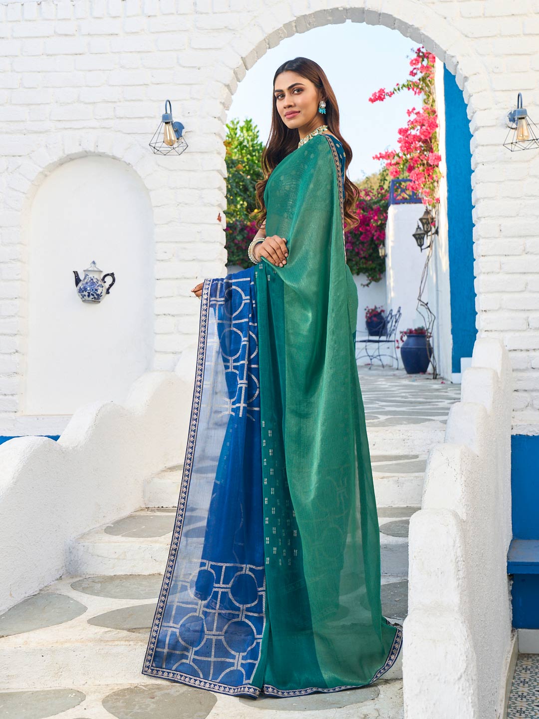 Laxmipati Rang Birangi Blue Silk Blend Geometric Printed Saree