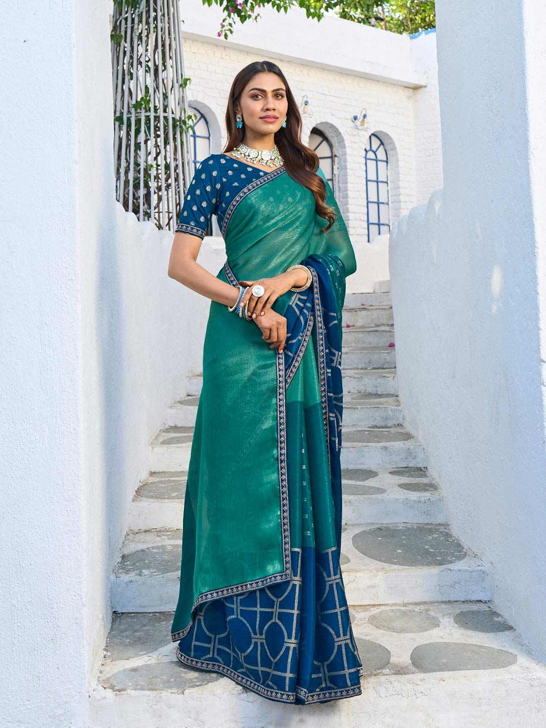 Laxmipati Rang Birangi Blue Silk Blend Geometric Printed Saree