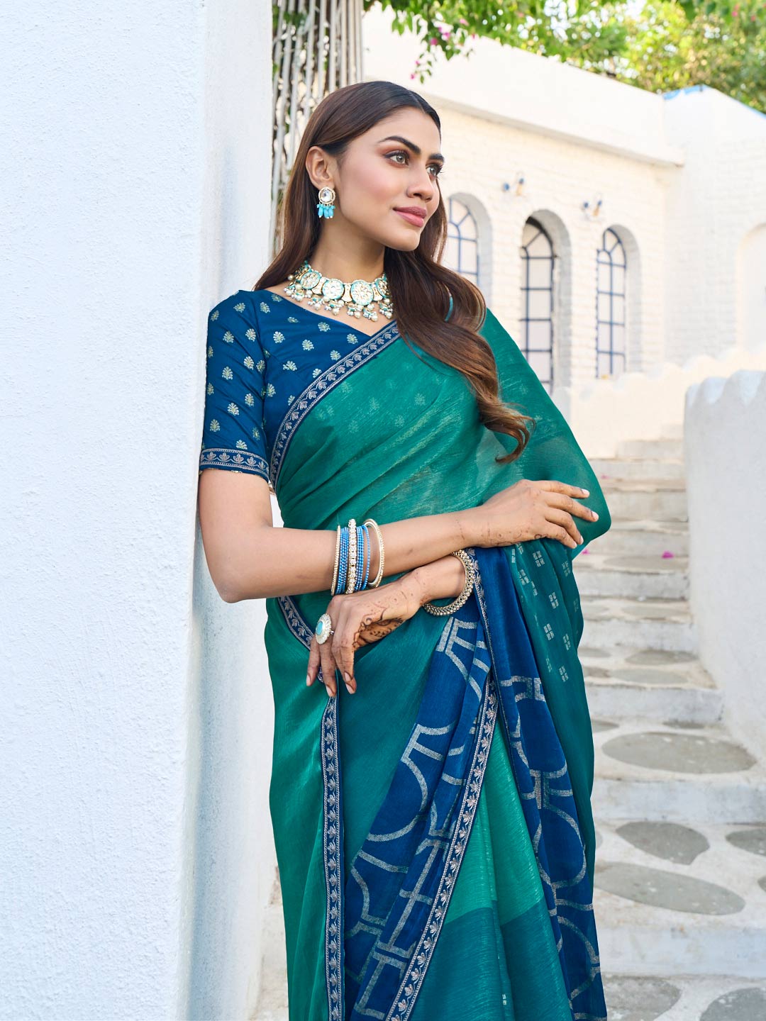 Laxmipati Rang Birangi Blue Silk Blend Geometric Printed Saree