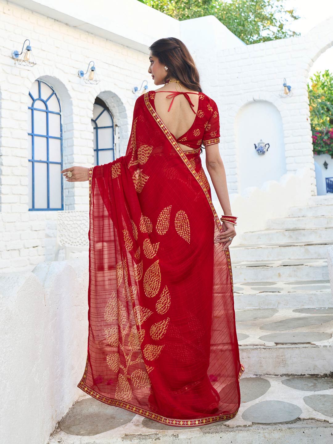 Laxmipati Rang Birangi Red Chiffon Floral Printed Saree