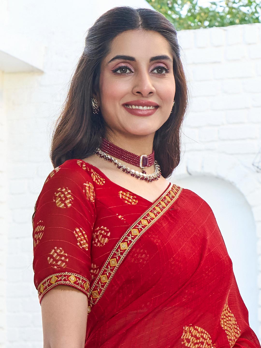 Laxmipati Rang Birangi Red Chiffon Floral Printed Saree