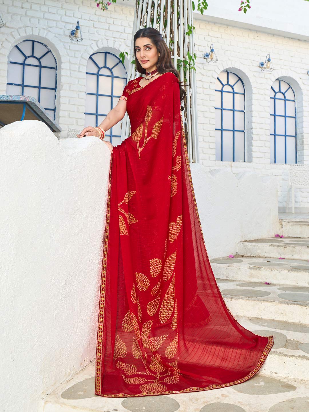 Laxmipati Rang Birangi Red Chiffon Floral Printed Saree