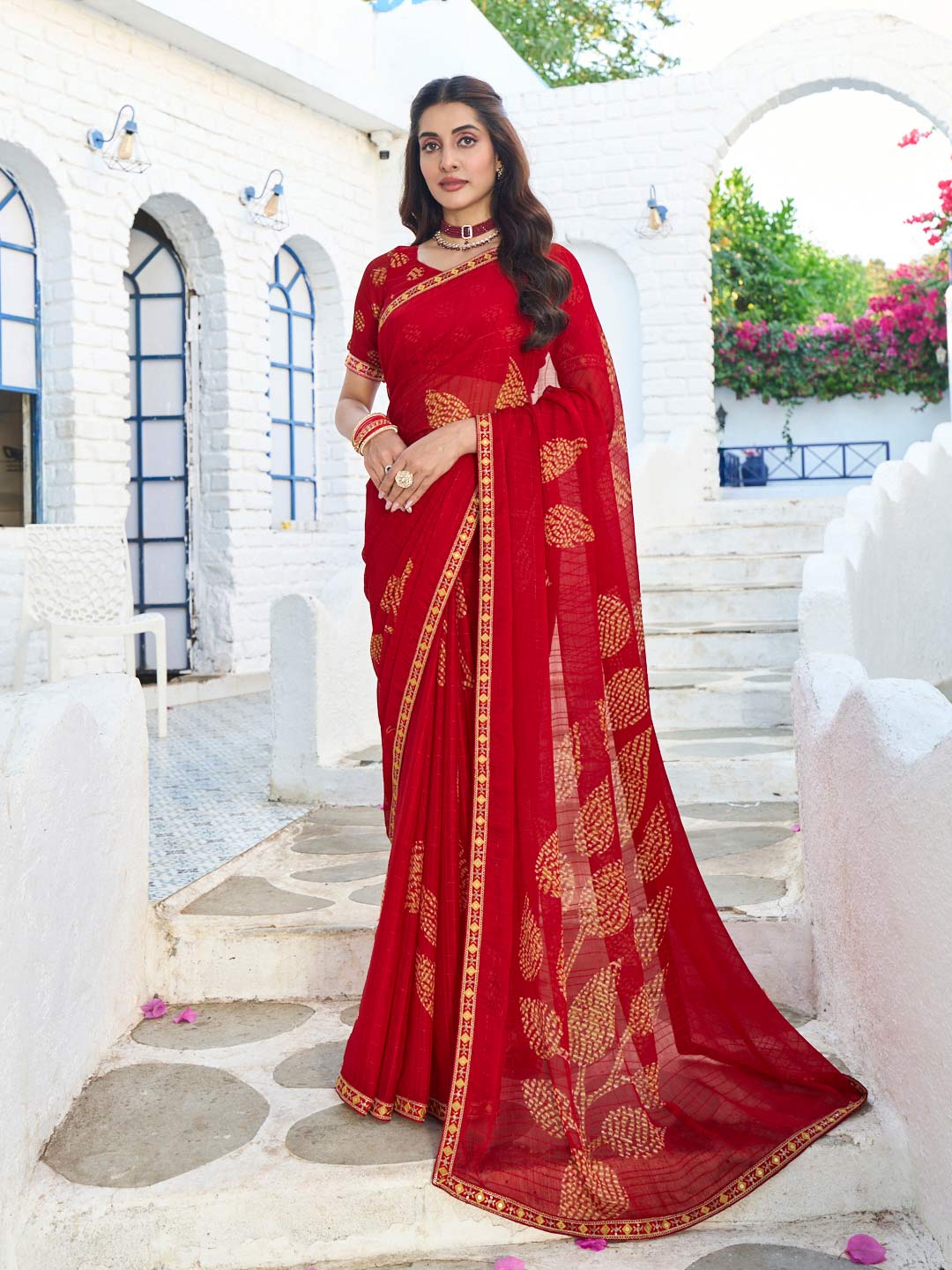 Red chiffon floral print saree