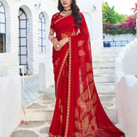 Red chiffon floral print saree