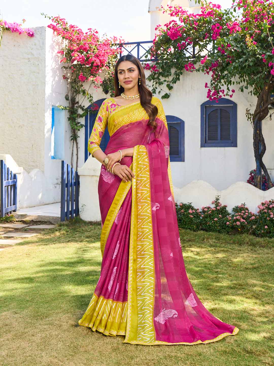 Red chiffon floral print saree