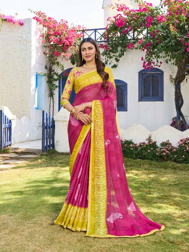 Red chiffon floral print saree