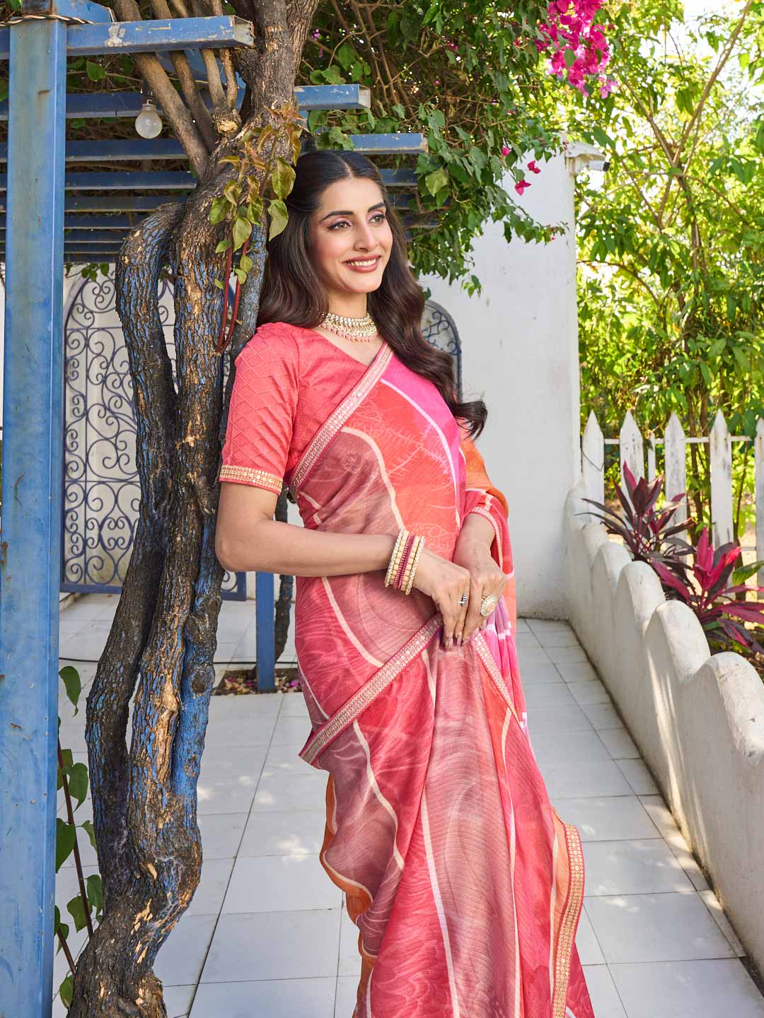 Laxmipati Rang Birangi Pink Chiffon Geometric Printed Saree