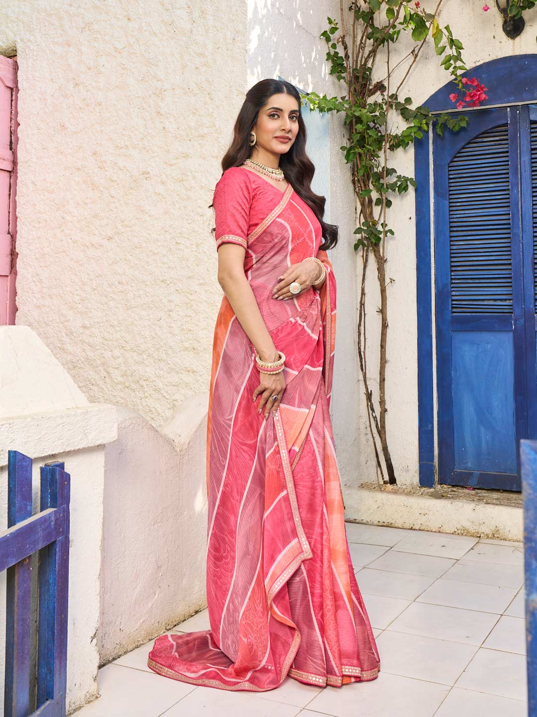 Laxmipati Rang Birangi Pink Chiffon Geometric Printed Saree