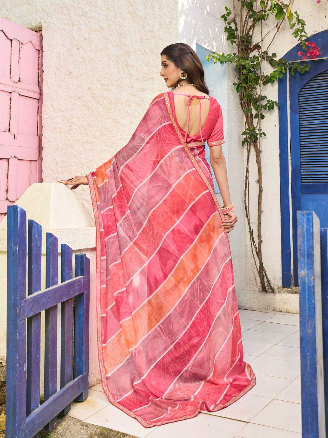Laxmipati Rang Birangi Pink Chiffon Geometric Printed Saree