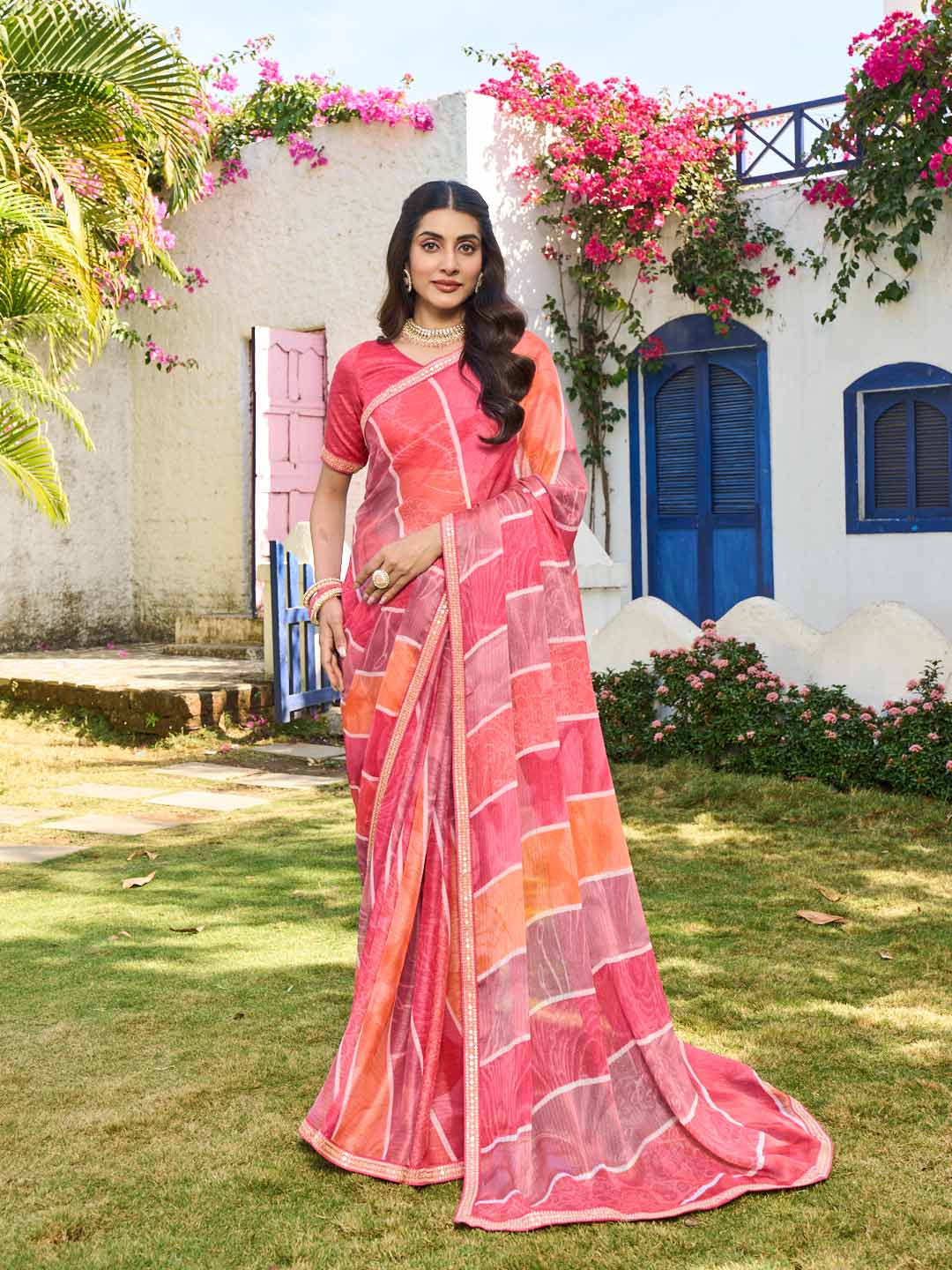 Laxmipati Rang Birangi Pink Chiffon Geometric Printed Saree