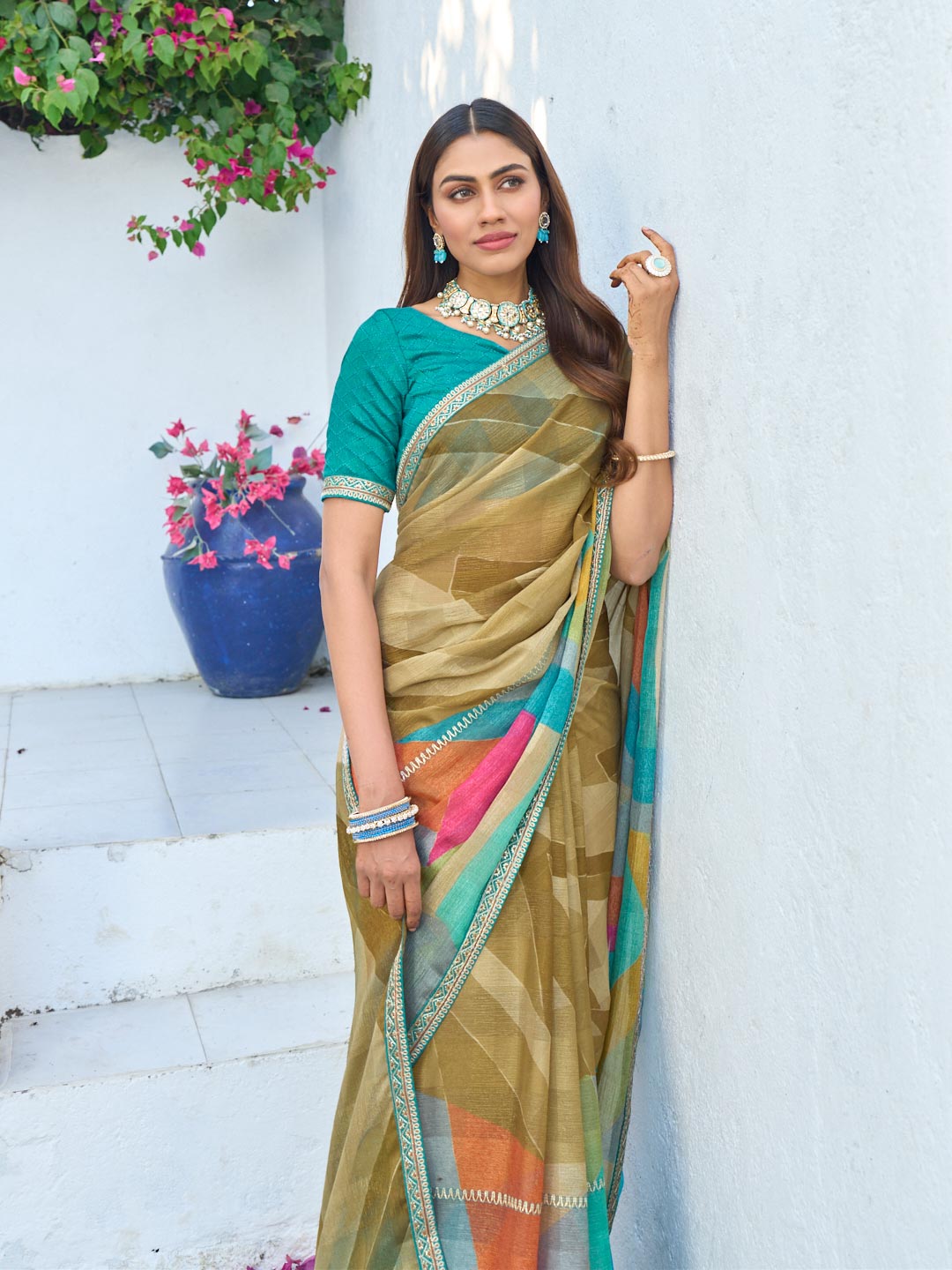 Laxmipati Rang Birangi Brown Silk Blend Geometric Printed Saree