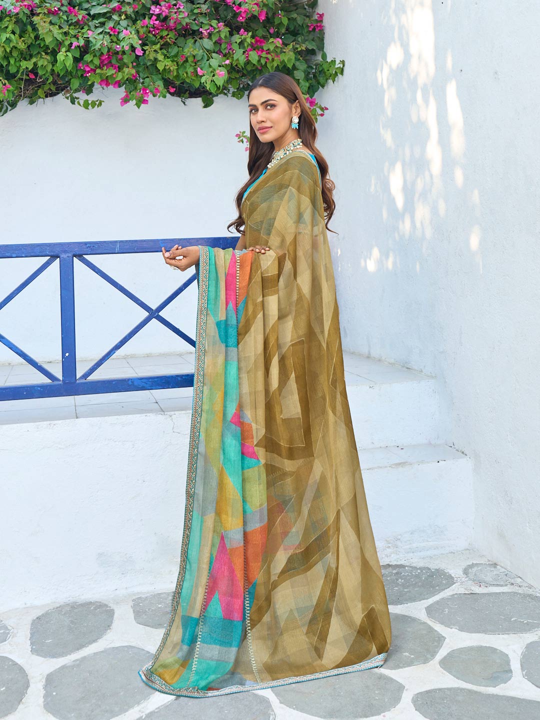Laxmipati Rang Birangi Brown Silk Blend Geometric Printed Saree
