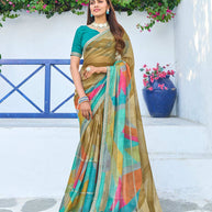 Brown silk blend geometric printed saree