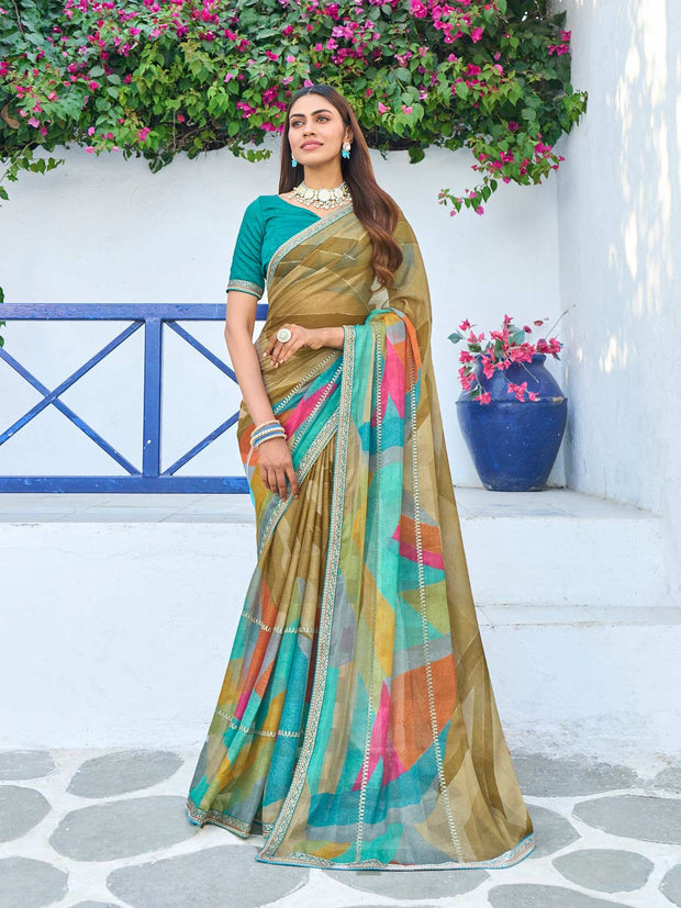 Brown silk blend geometric printed saree