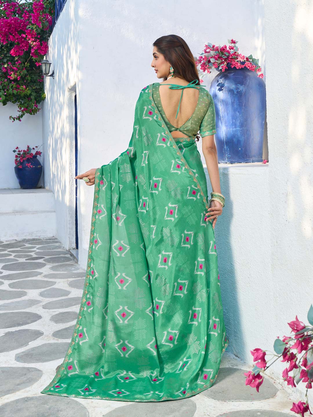 Laxmipati Rang Birangi Green Silk Blend Geometric Printed Saree