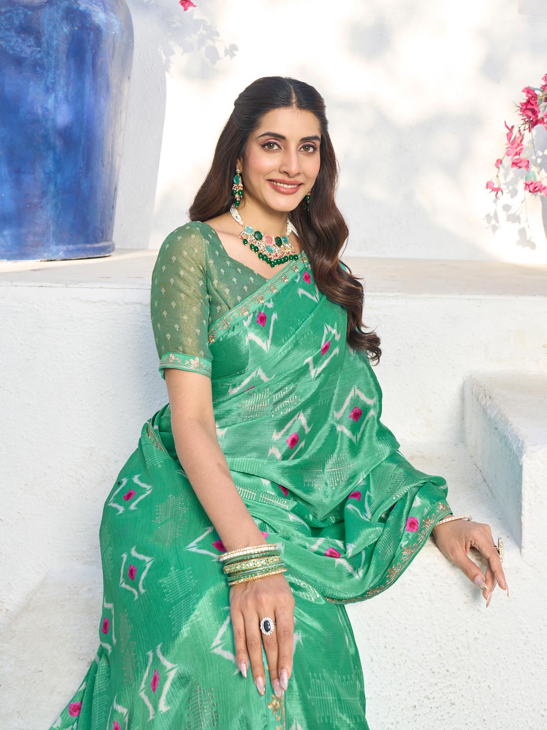 Green silk blend geometric printed saree 