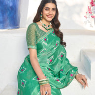 Green silk blend geometric printed saree 