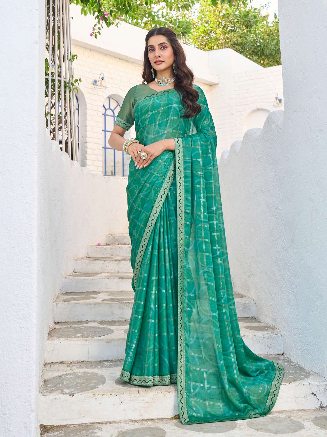 Laxmipati Rang Birangi Green Silk Blend Checkered Printed Saree