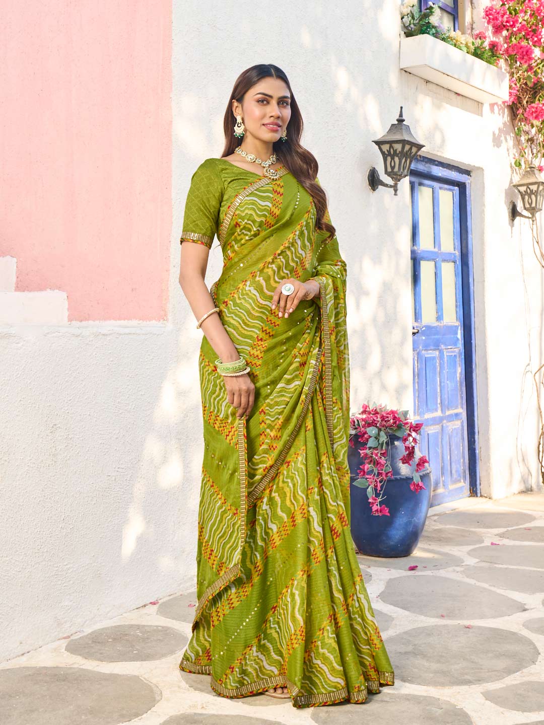 Laxmipati Rang Birangi Green Silk Blend Geometric Printed Saree