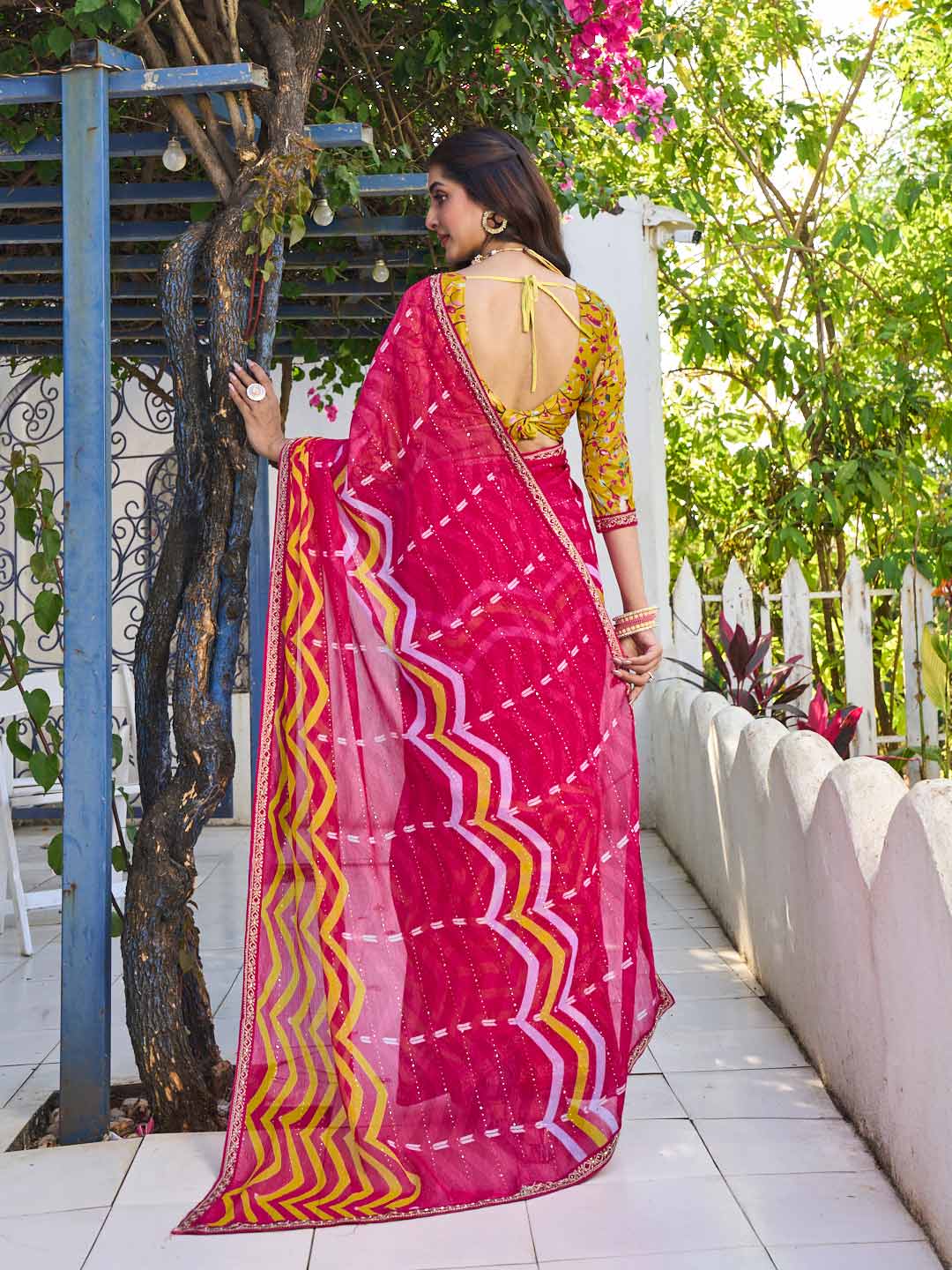 Laxmipati Rang Birangi Pink Chiffon Geometric Printed Saree