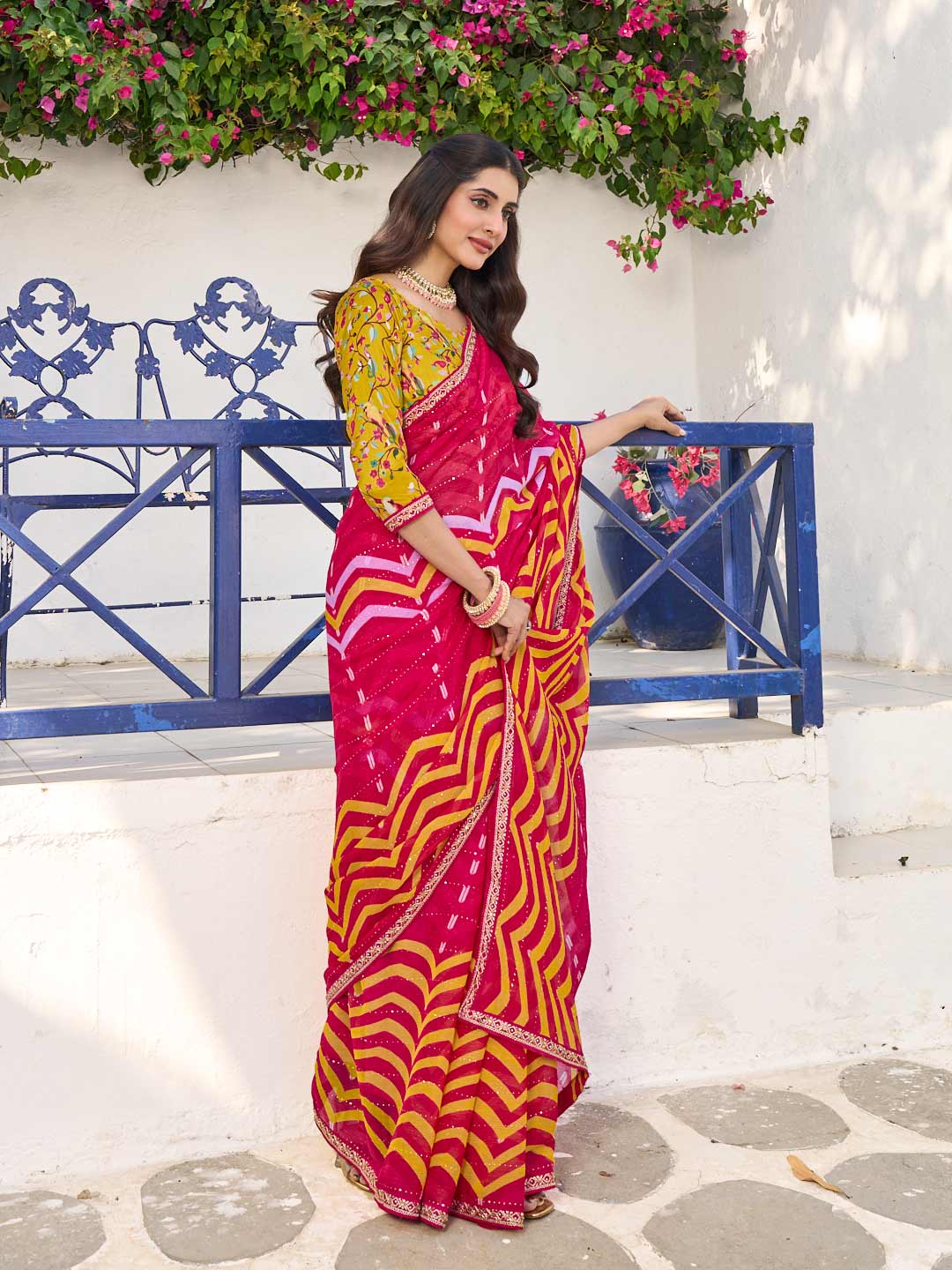 Laxmipati Rang Birangi Pink Chiffon Geometric Printed Saree