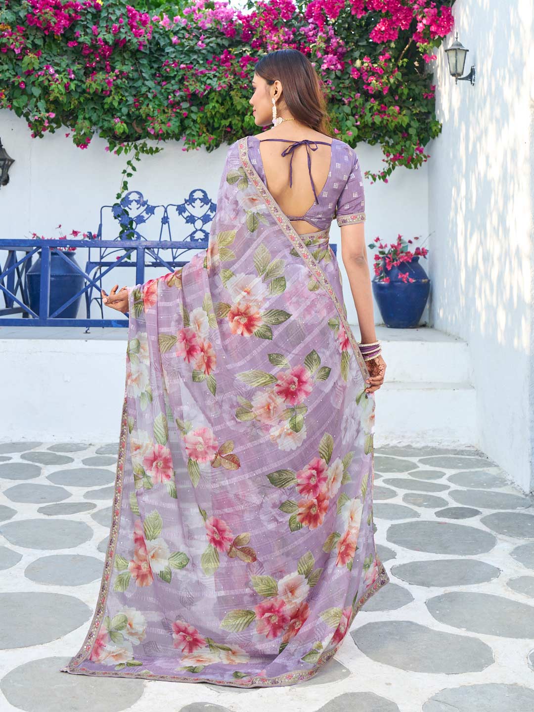 Purple chiffon floral printed saree 