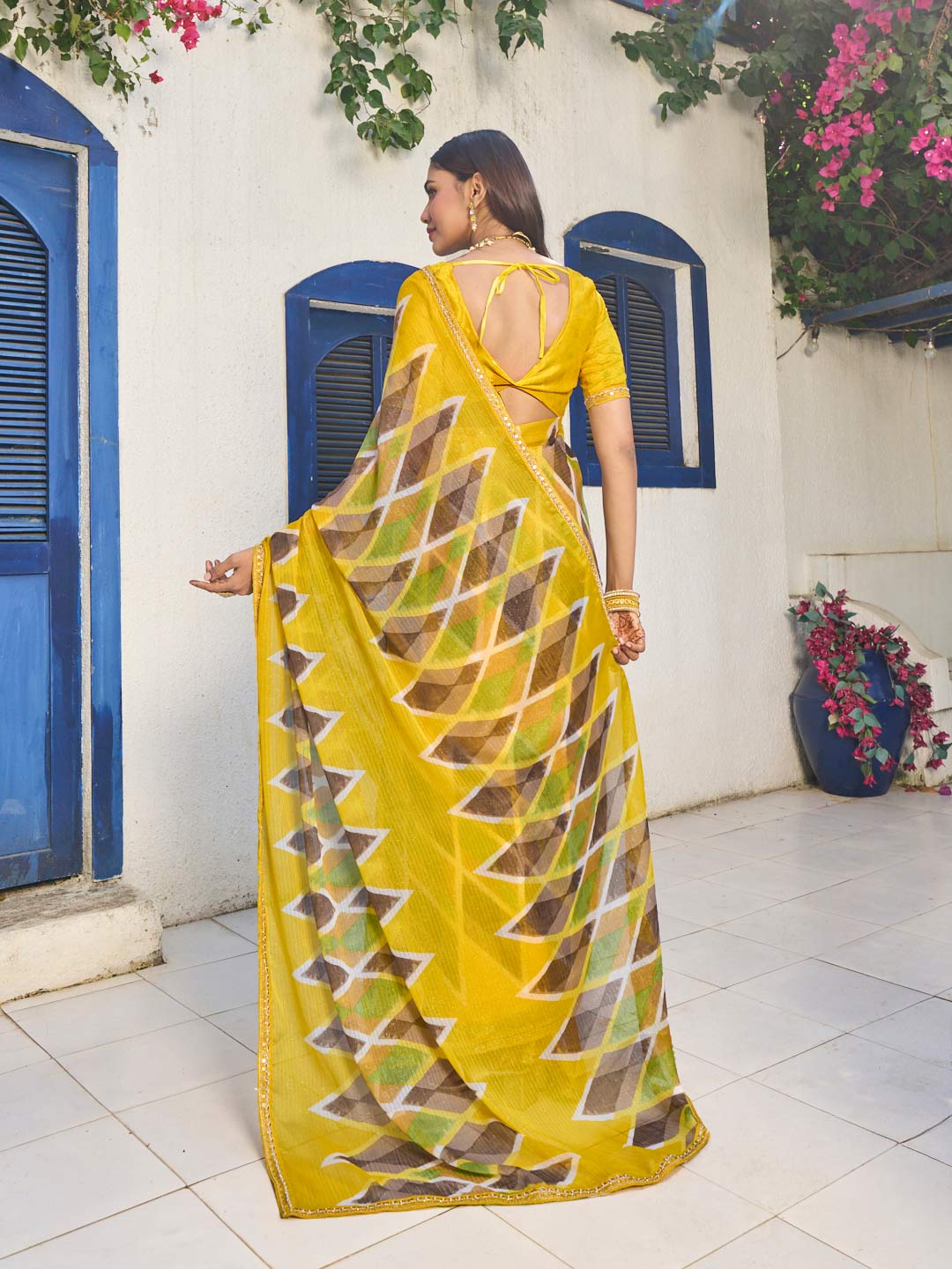 Yellow chiffon geometric printed saree 