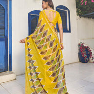 Yellow chiffon geometric printed saree 