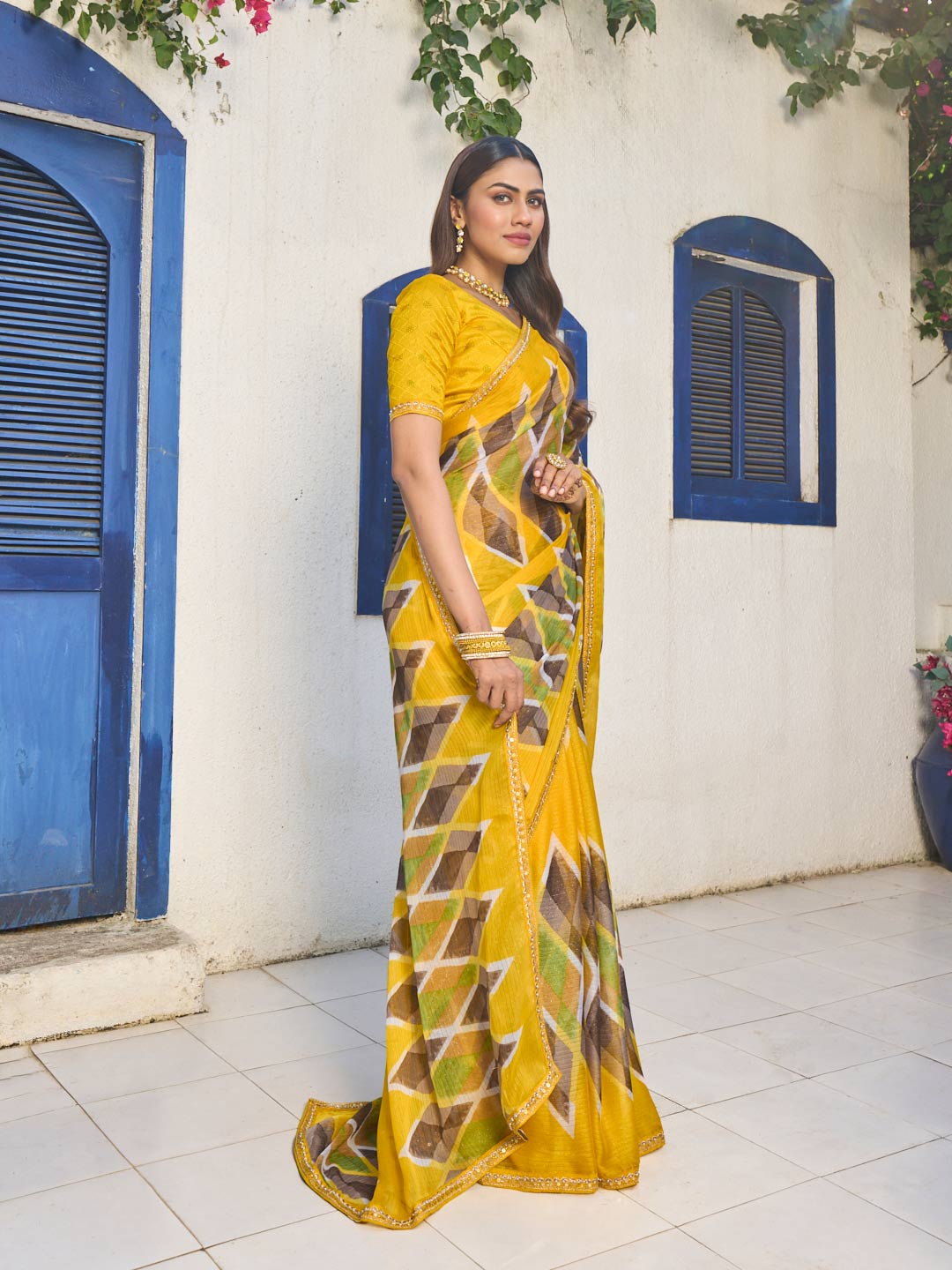 Laxmipati Rang Birangi Yellow Chiffon Geometric Printed Saree