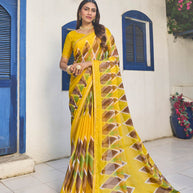 Yellow chiffon geometric printed saree