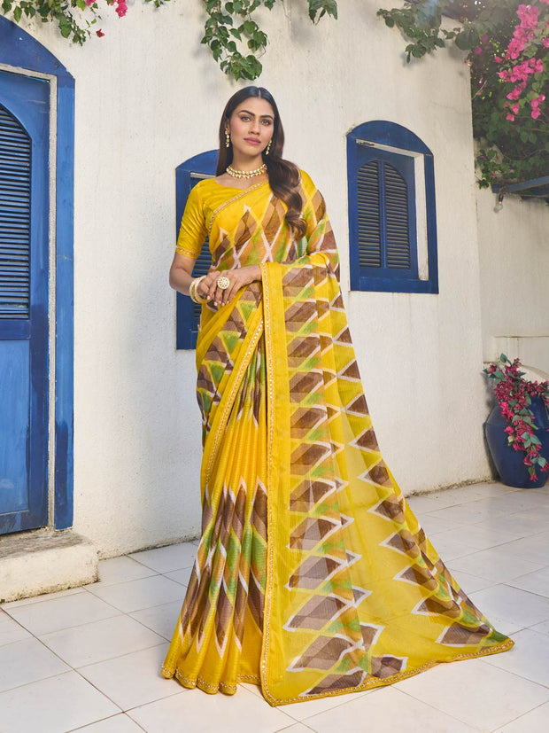 Yellow chiffon geometric printed saree