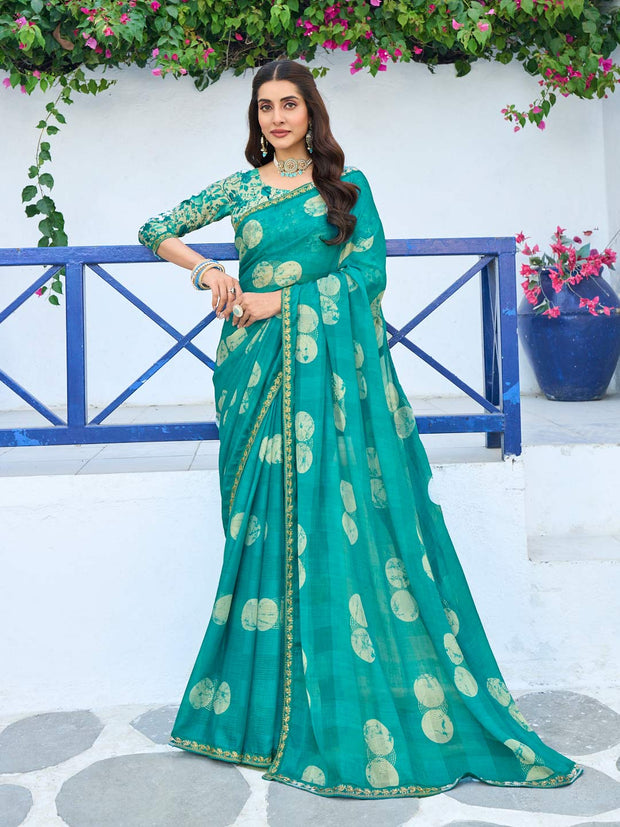 blue silk blend geometric printed saree