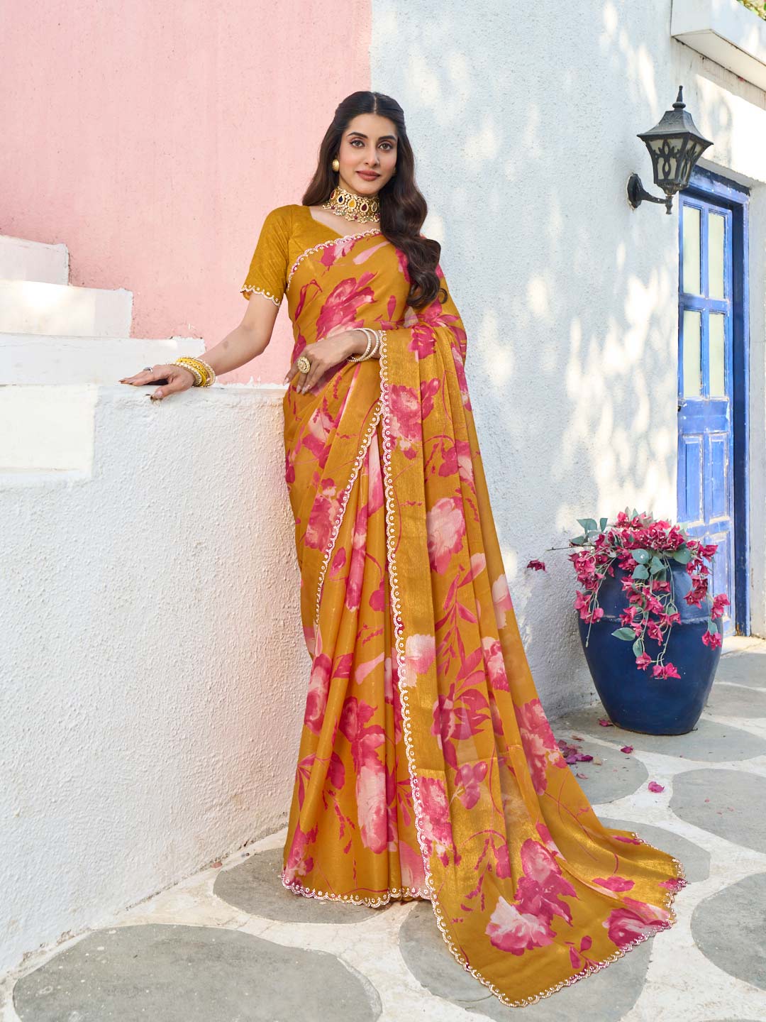 Laxmipati Rang Birangi Brown Tissue Organza Floral Printed Saree