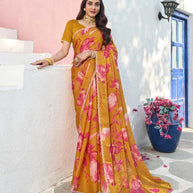 Brown tissue organza floral printed saree