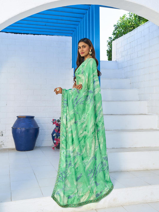 Laxmipati Rang Birangi Green Silk Blend Floral Printed Saree