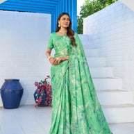Green silk blend floral sequin work saree