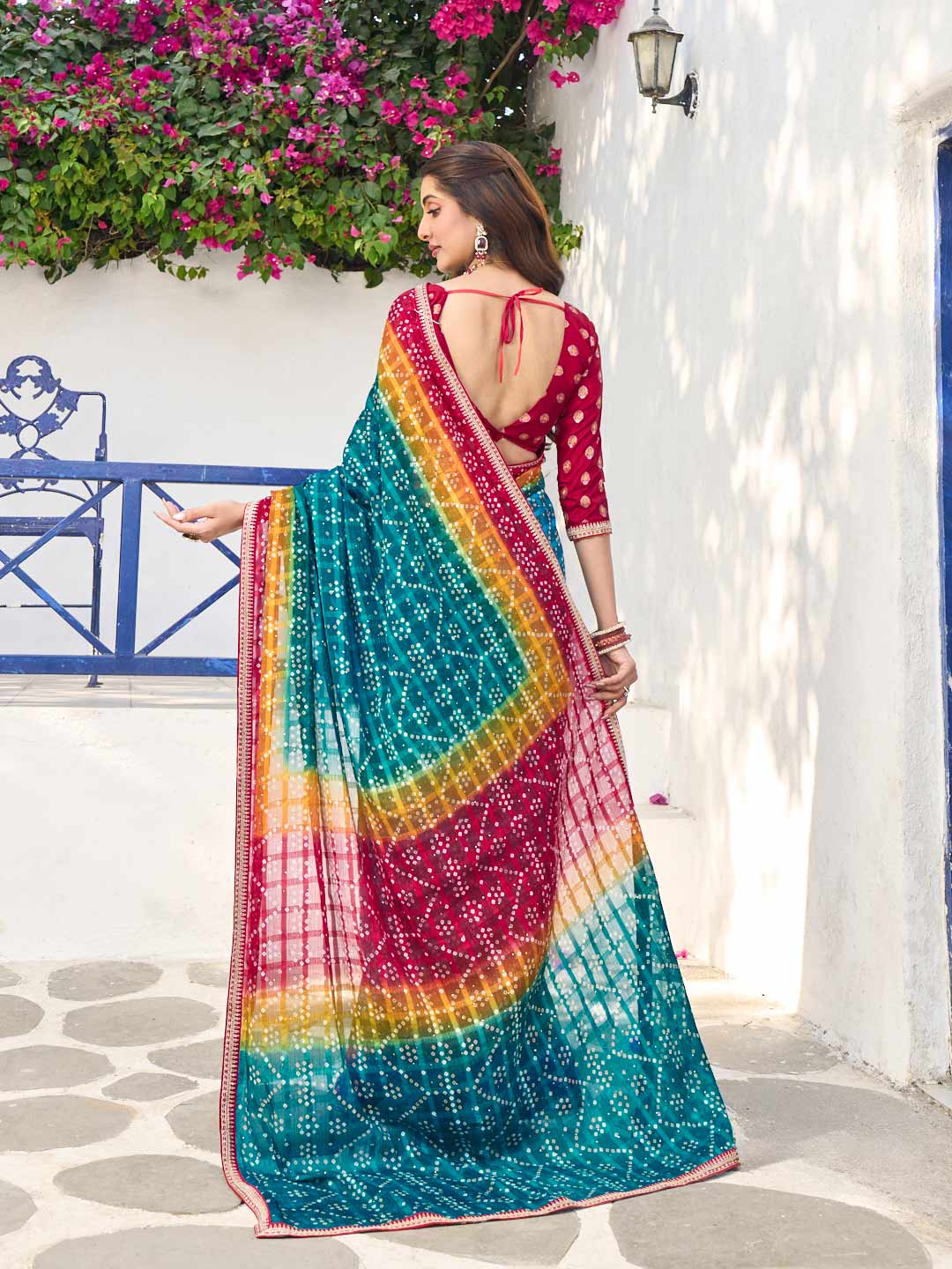 Laxmipati Rang Birangi Blue Chiffon Bandhani Printed Saree